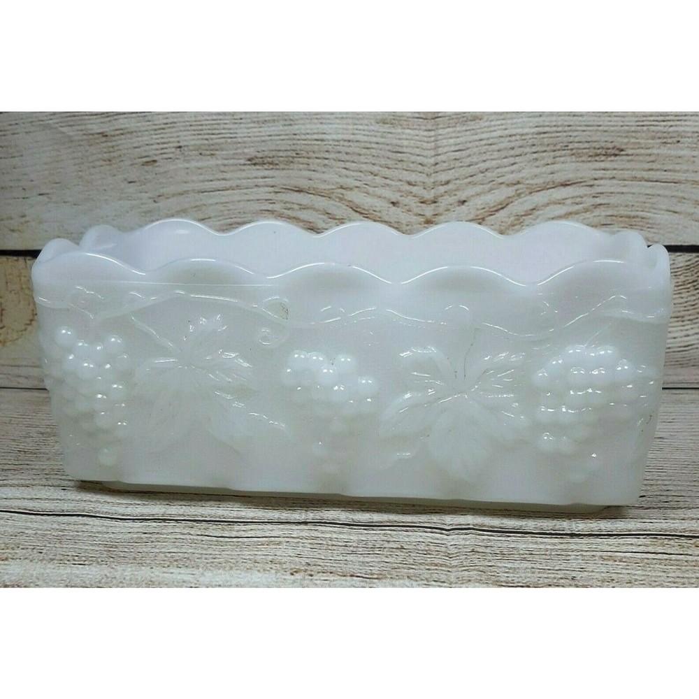 Vintage Anchor Hocking Fire King Milk Glass Planter Grape Leaf Pattern Rectangle